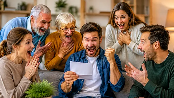 Grupo celebrando lotería